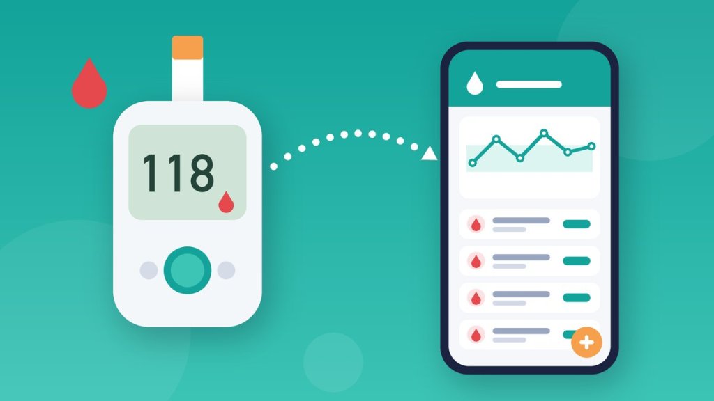 Glicosímetro ao lado do celular com app que registra a glicemia