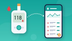 Glicosímetro ao lado do celular com app que registra a glicemia