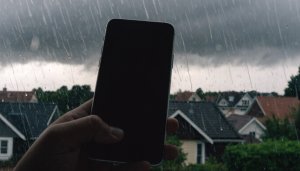 Celular na mão com tempestade ao fundo